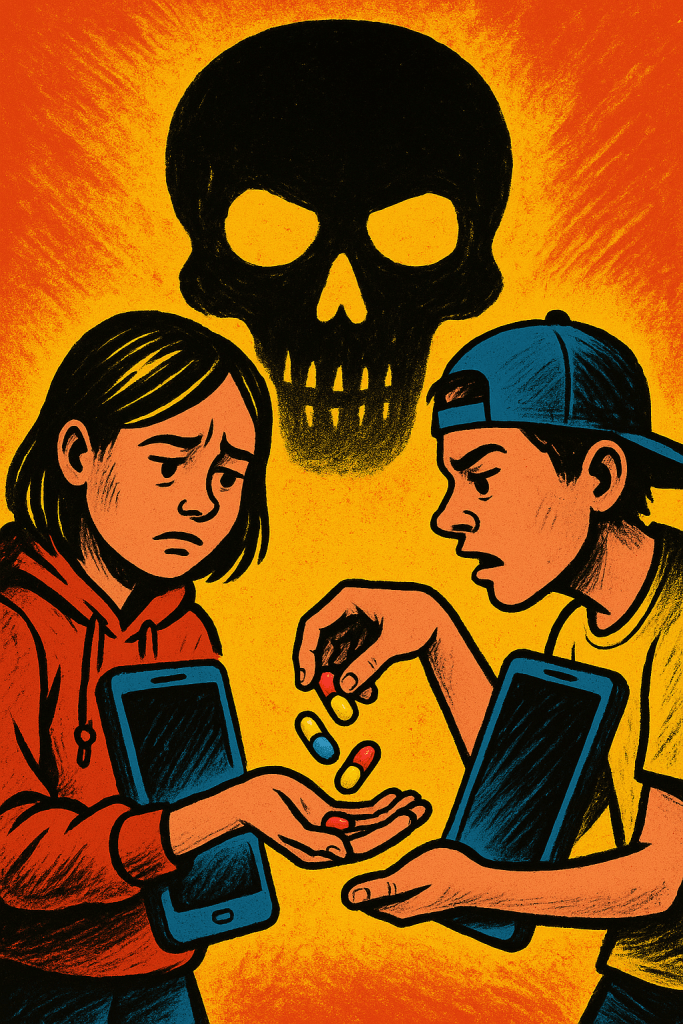“Editorial cartoon illustration of teenagers exchanging colorful pills through a smartphone screen, with a shadowy skull shape looming in the background. Bold, satirical, high-contrast colors.”