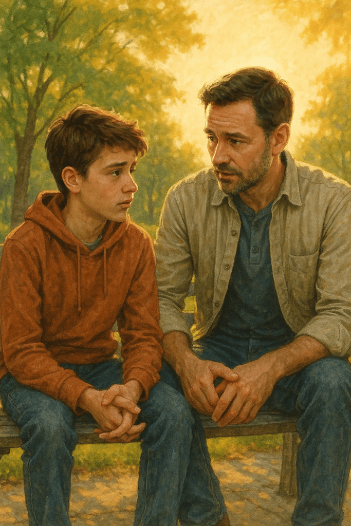 The antidote to incel culture isn’t censorship, it’s connection.
”Father and teenage son sitting on a park bench having an honest conversation, with warm sunlight in the background.”