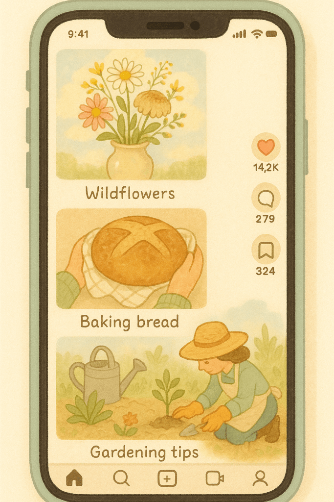 Illustration of a phone showing TikTok cottagecore posts: flowers, bread, and gardening.”