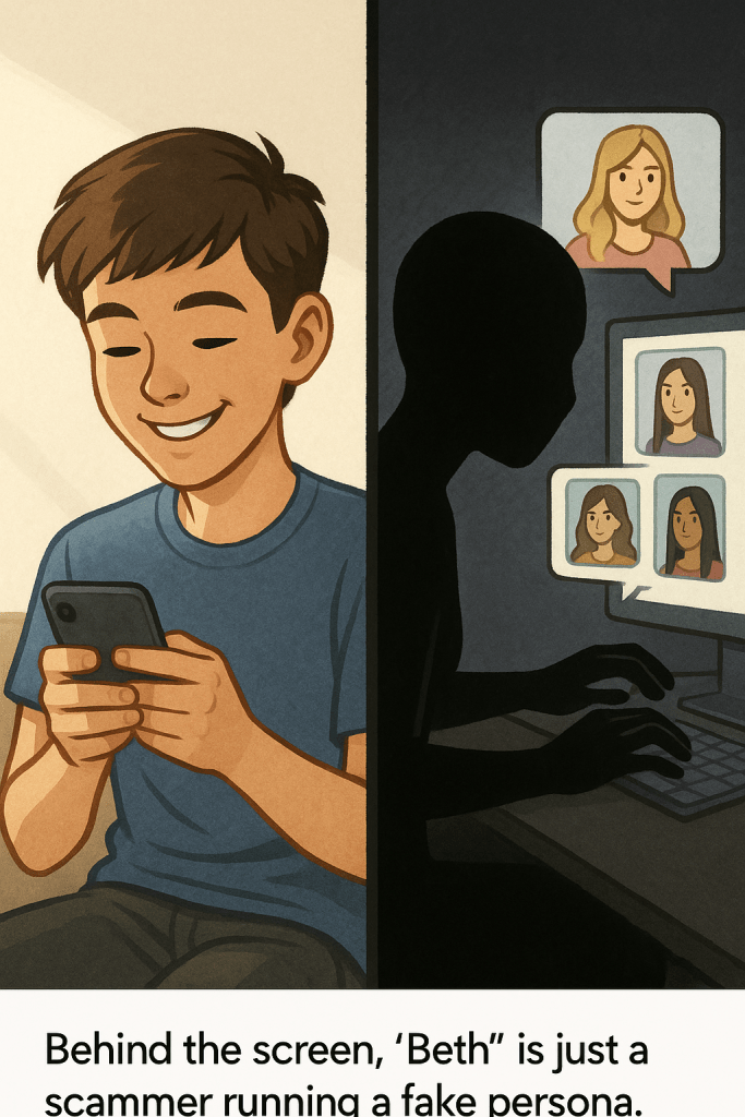 “Split image showing a teen boy texting, but the other side reveals a faceless scammer using fake profiles.”