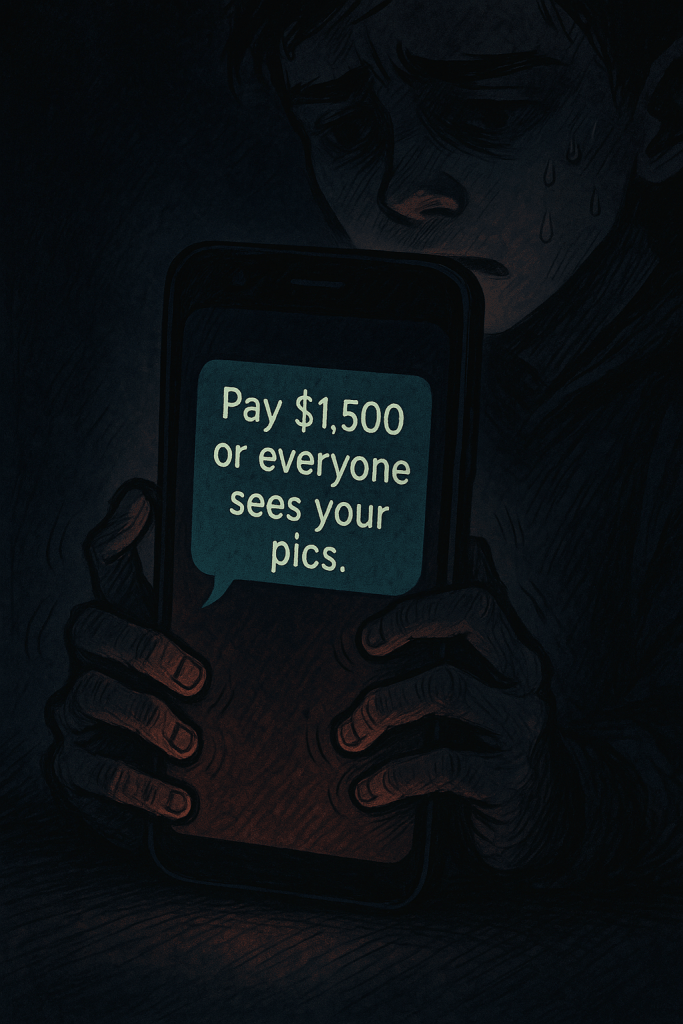 “Teen holding a phone with a threatening message demanding money for private photos.”