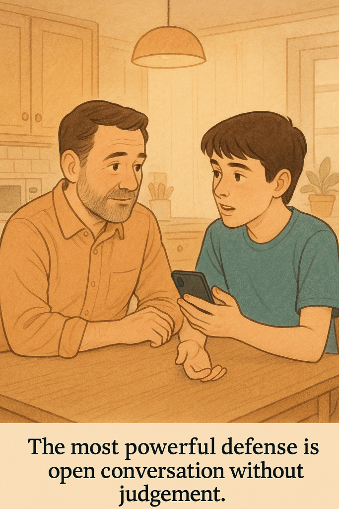 “Father and son talking at kitchen table, phone in hand, supportive conversation.”