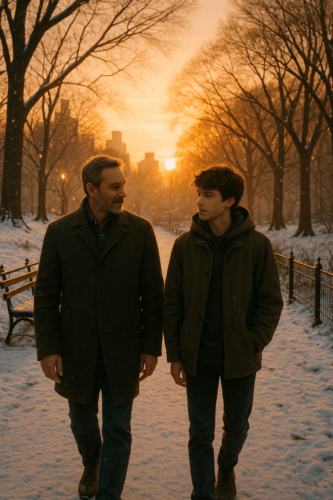 Father and son walking through a quiet, snowy Central Park at sunset, symbolizing connection across generations.