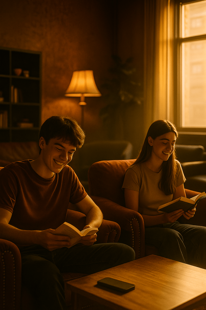 Teenagers quietly reading books in an empty classroom as sunlight streams in.
