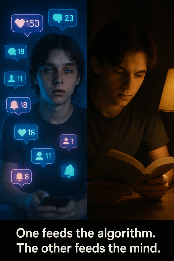 A split scene of a teen overwhelmed by social media on one side and peacefully reading on the other.