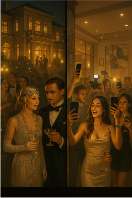 Split scene showing a glamorous 1920s Gatsby party blending into a modern influencer party filled with phones and cameras.