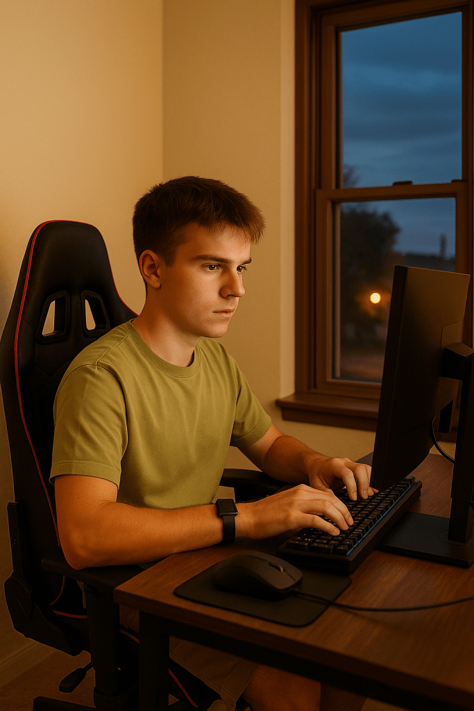Teenage boy alone at computer late at night with gaming chair, screen glow on face”