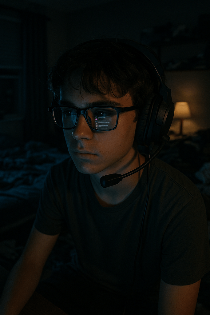 Teen boy with gaming headset in dark room reflecting Discord chat on glasses