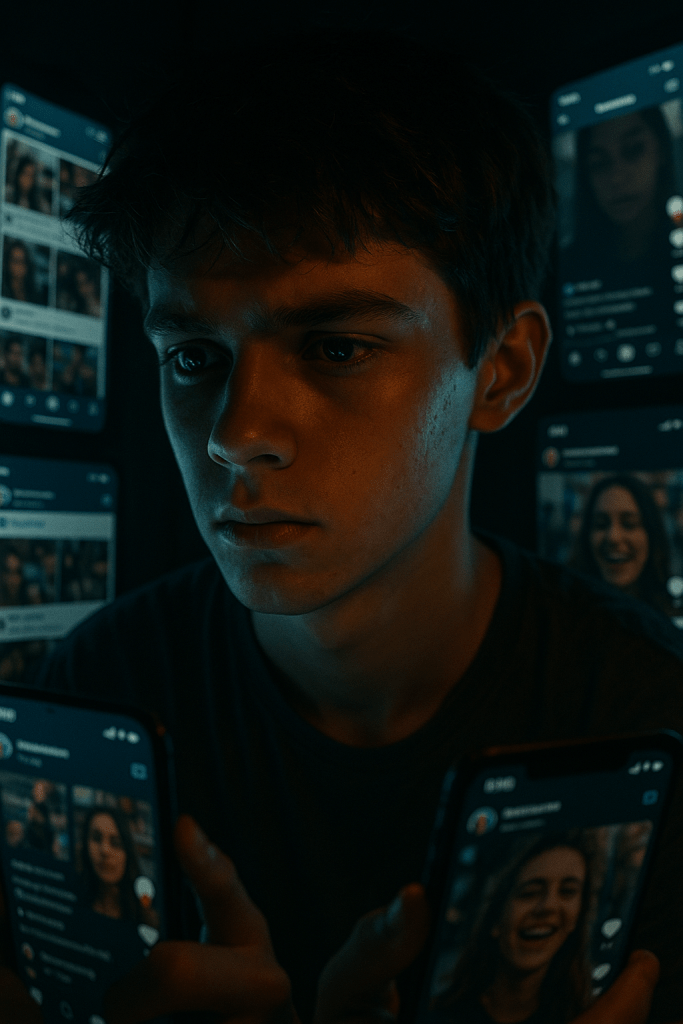 Teen lost in glowing screens, eyes fixed on social media loops in the dark.