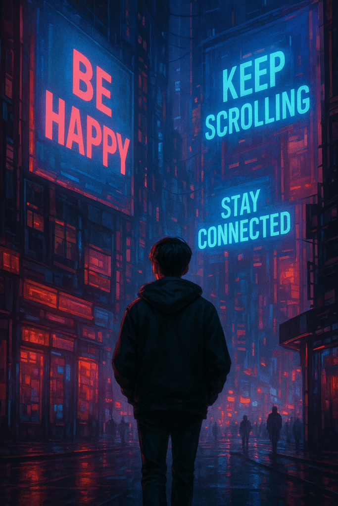 A solitary teen walking through a neon city plastered with slogans promoting artificial happiness.