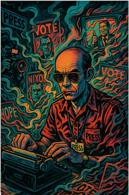 Illustration of Hunter S. Thompson at a typewriter surrounded by chaotic political imagery and media symbols.