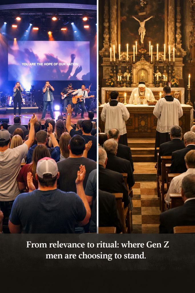 A visual contrast between a modern megachurch and a traditional church service.