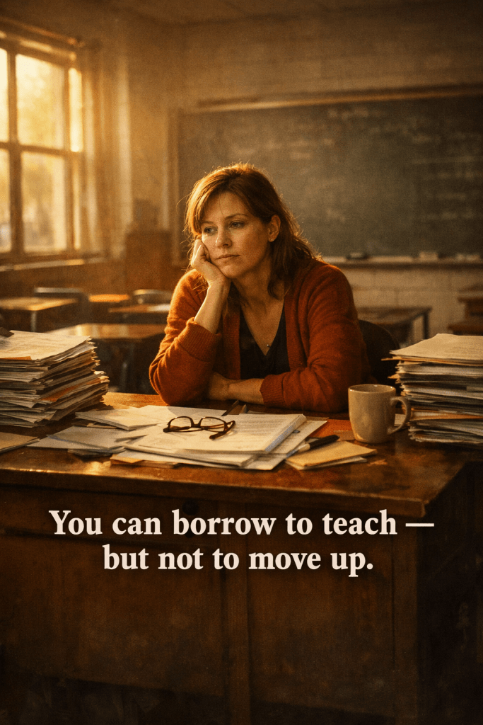A female teacher sits alone in an empty classroom with papers spread across her desk.