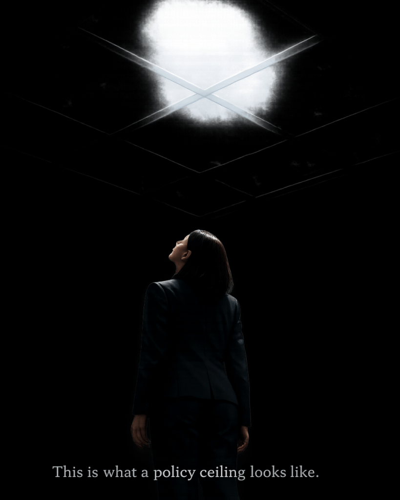 A woman stands beneath a transparent ceiling, looking upward toward unreachable light.