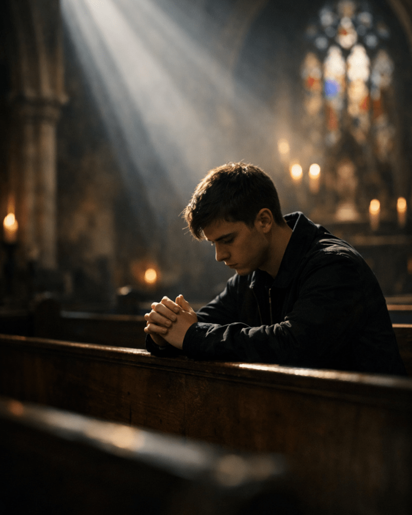 A young man sitting alone in a traditional church pew, surrounded by shadow and stained glass.